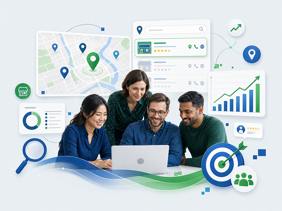 Conceptual local SEO illustration showing map visibility and local discovery signals.