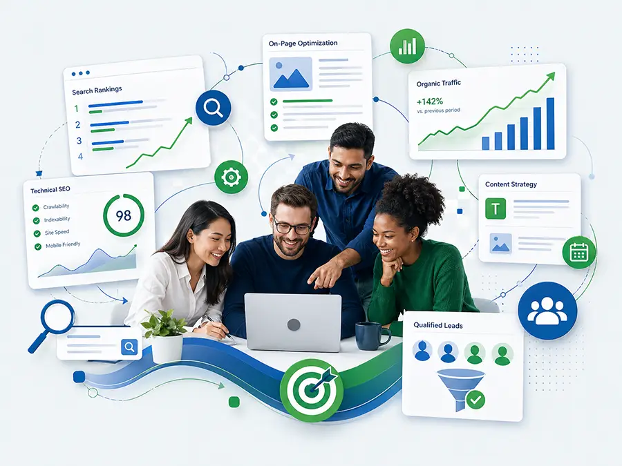 Conceptual organic SEO illustration showing crawl paths, content structure, and technical signals.