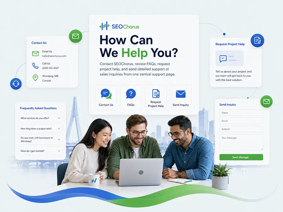 Conceptual support illustration showing questions, answers, and contact pathways.