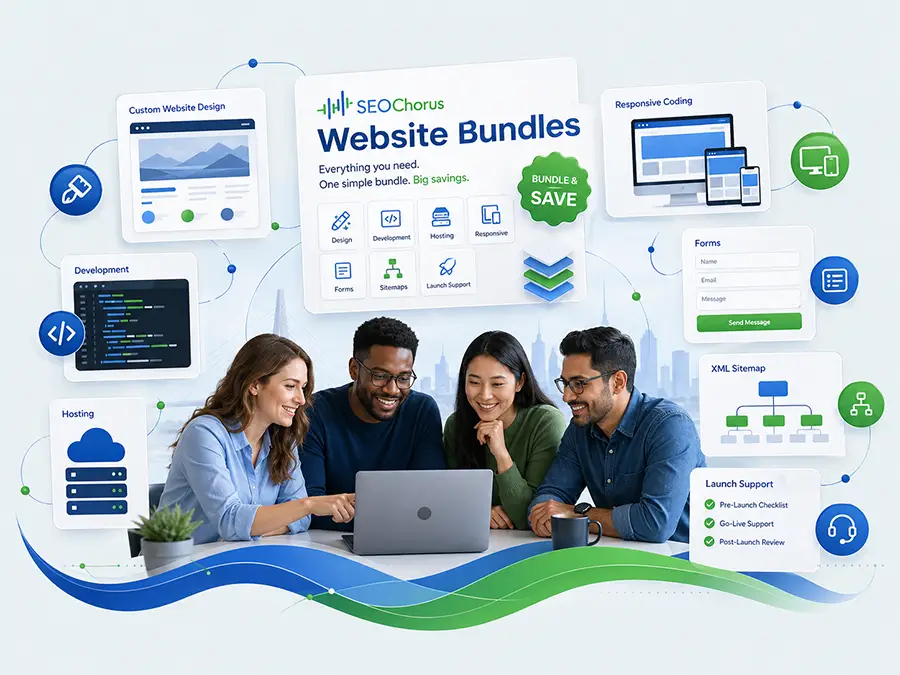 Conceptual website package illustration showing design, development, and launch components.